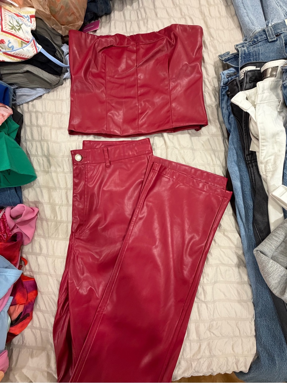 Faux Leather Red Strapless Crop Top & High-Rise Pants Set